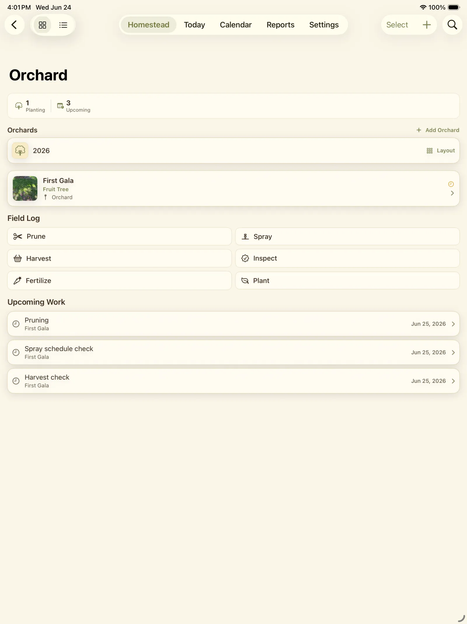 Orchard hub showing apple records, field log actions, upcoming work, and recent activity.